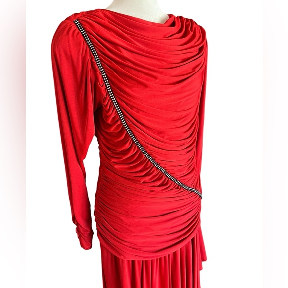 Vintage Claralura Ruched Rhinestone Red Goddess Dress Cocktail Party Made in USA - Picture 3 of 14